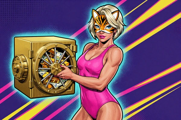 Lara in Luchsmaske und hot pink Badeanzug &ouml;ffnet einen Tresor voller Goldbarren - Vavada 1000 Euro Match-Bonus