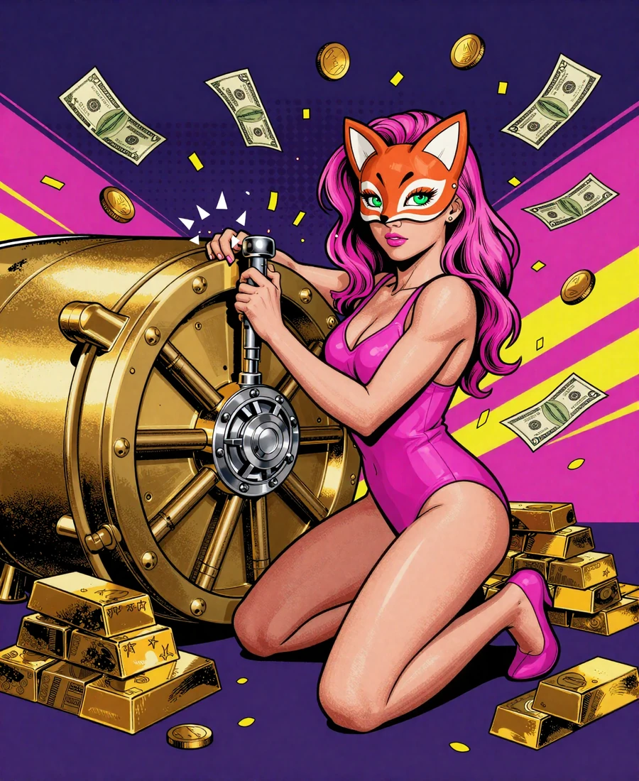 Lara in neon magentafarbenem Badeanzug und Fuchsmaske knackt einen goldenen Tresor - Pop-Art Hero-Banner von Vavada Casino
