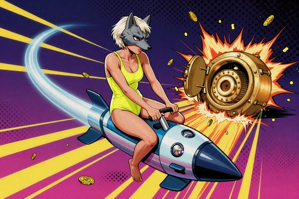 Lia in Wolfsmaske auf Crash-Game-Kurve mit explodierendem Goldtresor - Vavada Aviator und Plinko