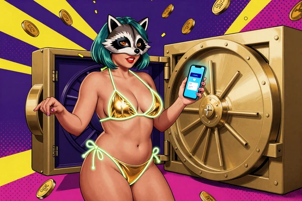 Mira in Waschb&auml;rmaske und Gold-Badeanzug mit Smartphone und E-Wallet-App vor Goldtresor - Vavada E-Wallets