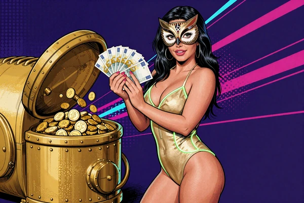 Eva in Eulenmaske und goldenem Badeanzug f&auml;chert Euroscheine vor offenem Tresor - Vavada 10 Prozent Cashback
