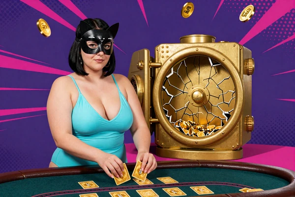 Clara in Katzenmaske als Live-Dealerin am Blackjack-Tisch - Vavada Live Casino