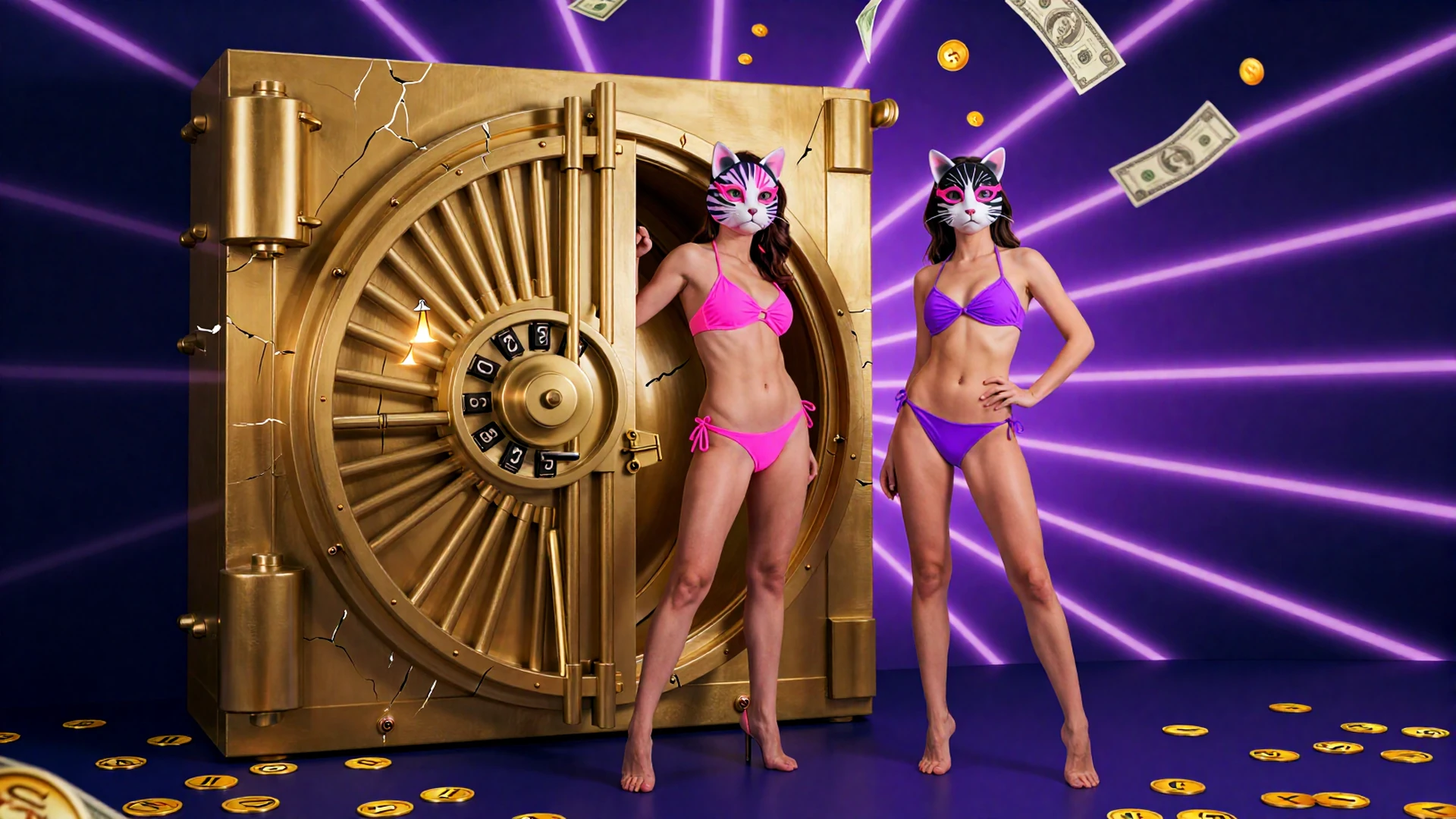Zwei Frauen in Neon-Bikinis mit Katzenmasken stehen neben einem geknackten goldenen Banksafe - Vavada Casino Registrierung ohne Verifizierung