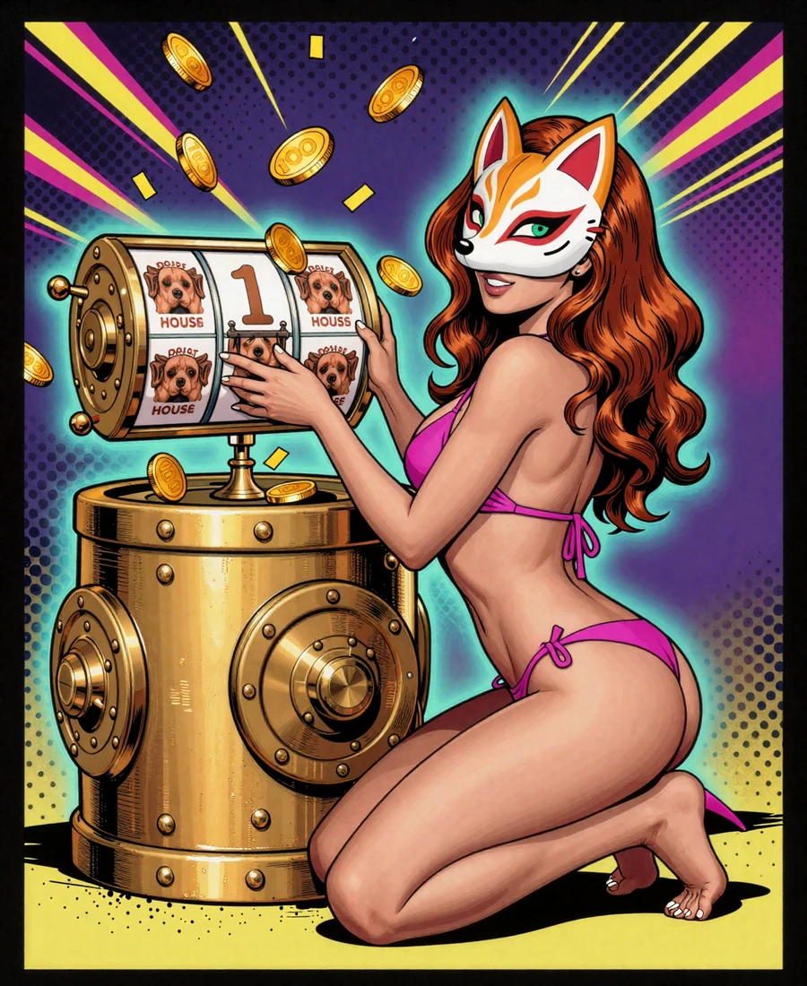 Sofia in Fuchsmaske und magenta Bikini dreht eine Dog-House-Slot-Walze vor goldenem Tresor - 100 Freispiele ohne Einzahlung